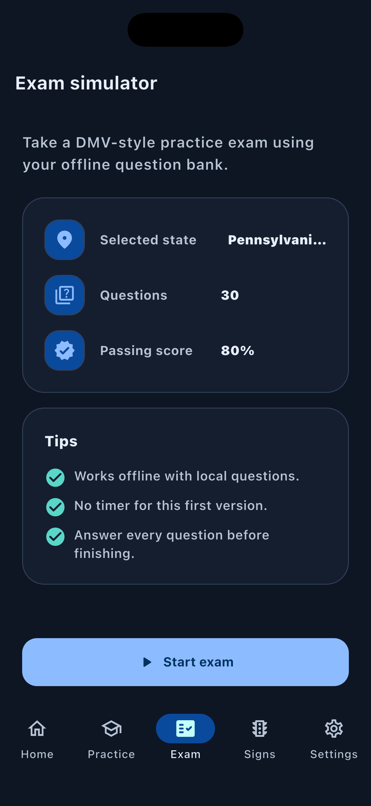 Exam simulator screen in USA Driving Test Prep