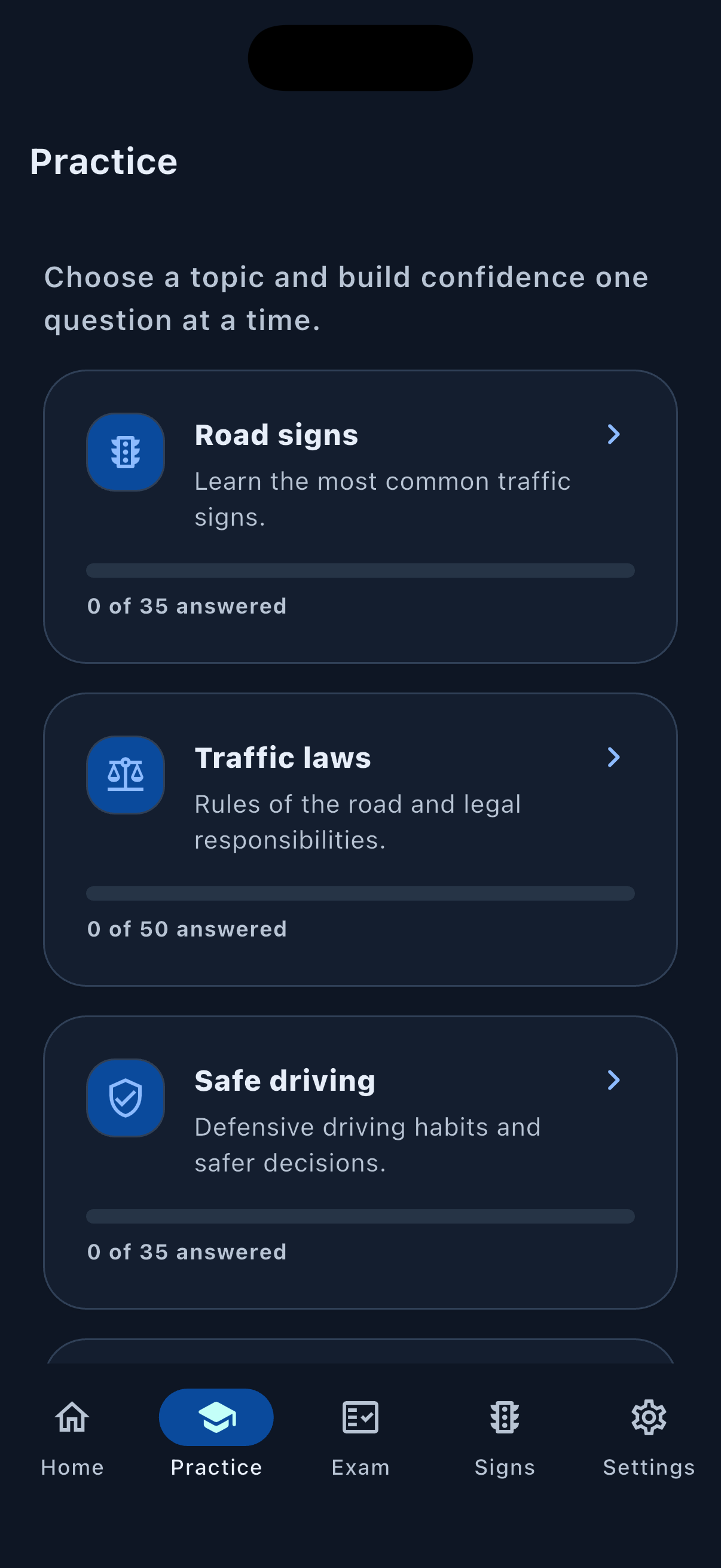 Practice topics screen in USA Driving Test Prep